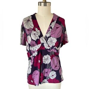 Floral V-neck Blouse - Pink and Purple, Sz XL